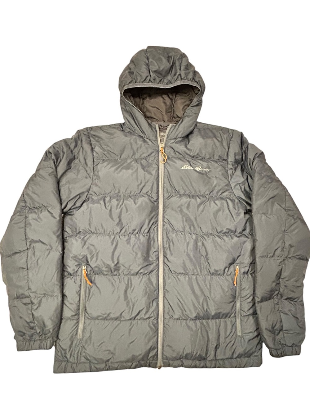 Eddie Bauer Puffer Jacket Down Feather Men's M Blue Charcoal Hooded Winter